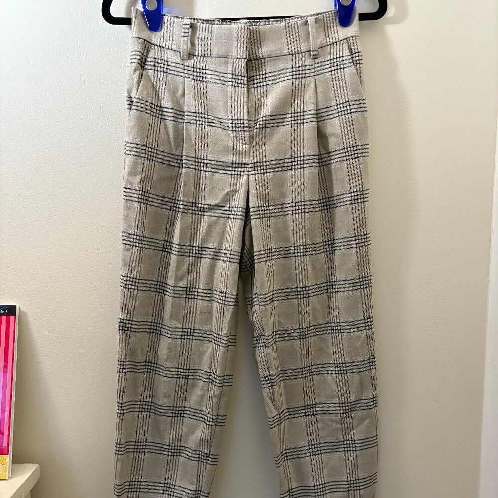 LOFT Pants Womens Size 0P Beige Tan Plaid Glitter Pleated Tapered Casual Career
